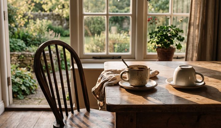 Küchentisch am Fenster mit zwei Kaffeetassen, eine davon unbenutzt, daneben ein leerer Stuhl im Nachmittagslicht