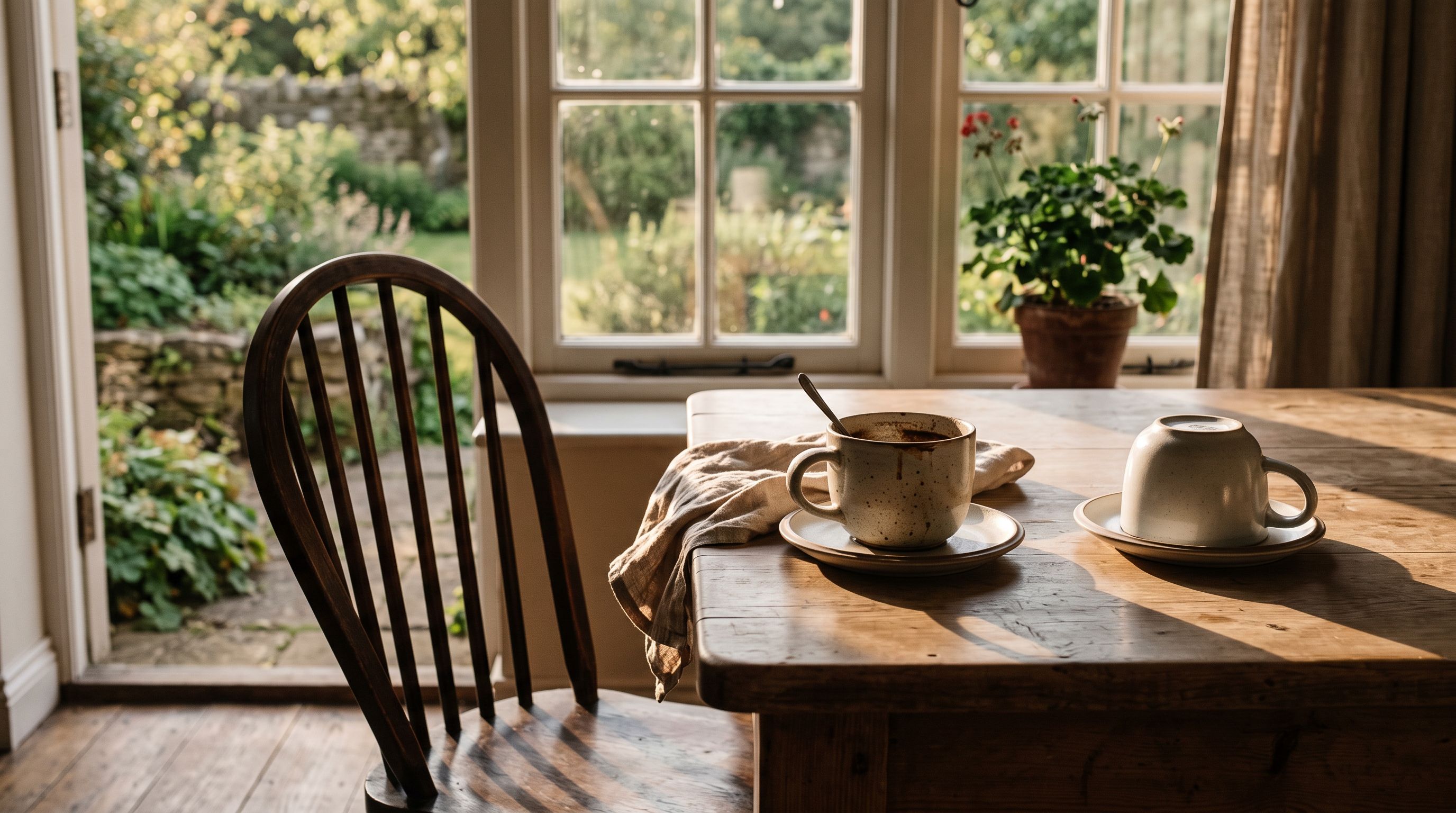 Küchentisch am Fenster mit zwei Kaffeetassen, eine davon unbenutzt, daneben ein leerer Stuhl im Nachmittagslicht