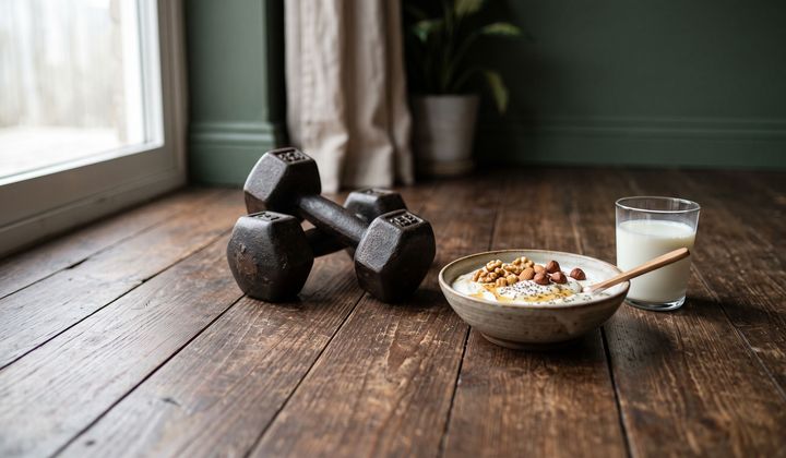Zwei Kurzhanteln auf Holzboden neben einer Schale Joghurt mit Nüssen und einem Glas Milch im Morgenlicht