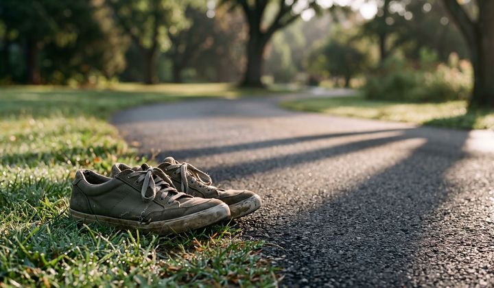 Gepflasterter Parkweg im Morgenlicht, lange Baumschatten, am Wegrand ein Paar getragene Laufschuhe