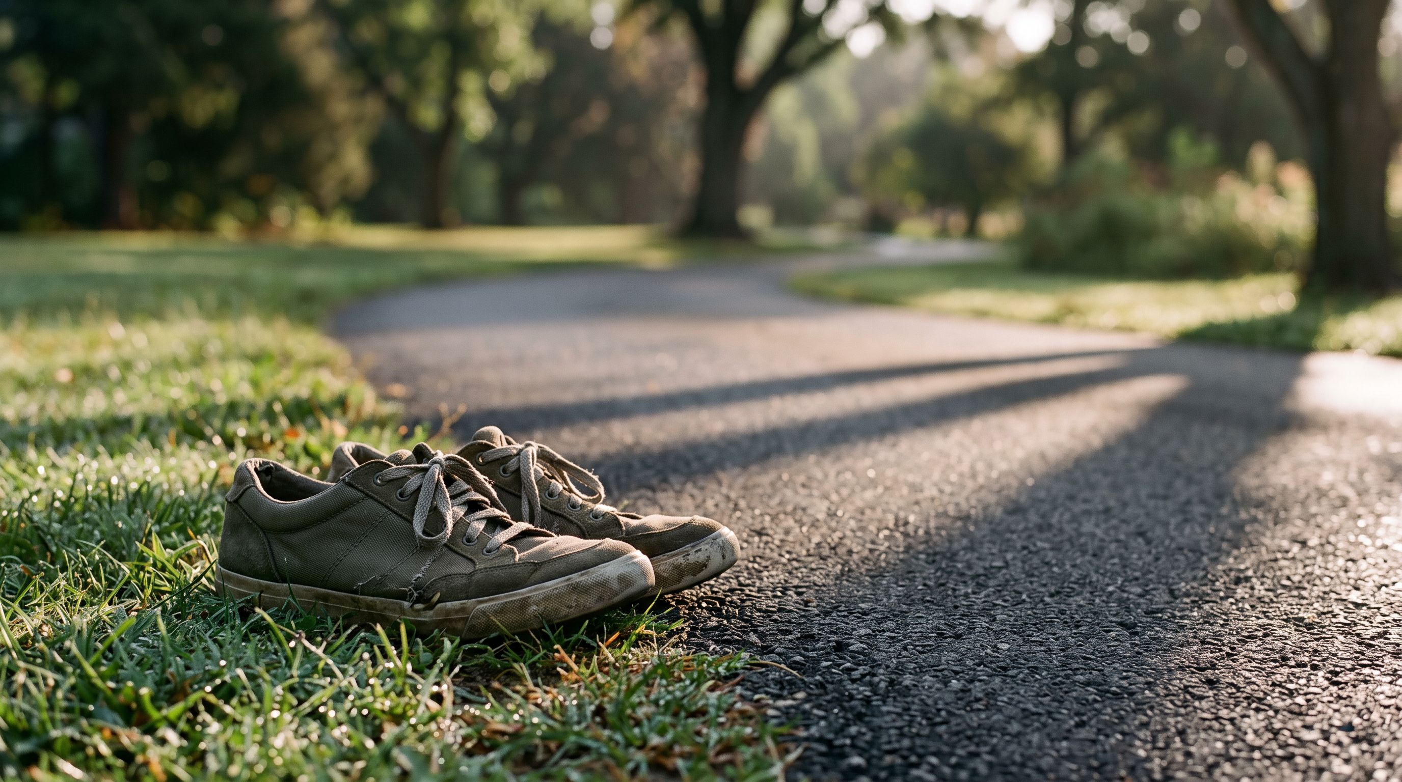 Gepflasterter Parkweg im Morgenlicht, lange Baumschatten, am Wegrand ein Paar getragene Laufschuhe