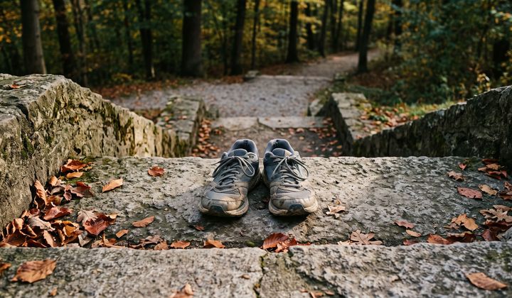 Abgetragene Laufschuhe auf steinernen Treppenstufen im Park, Herbstlaub und Kiesweg im weichen Morgenlicht