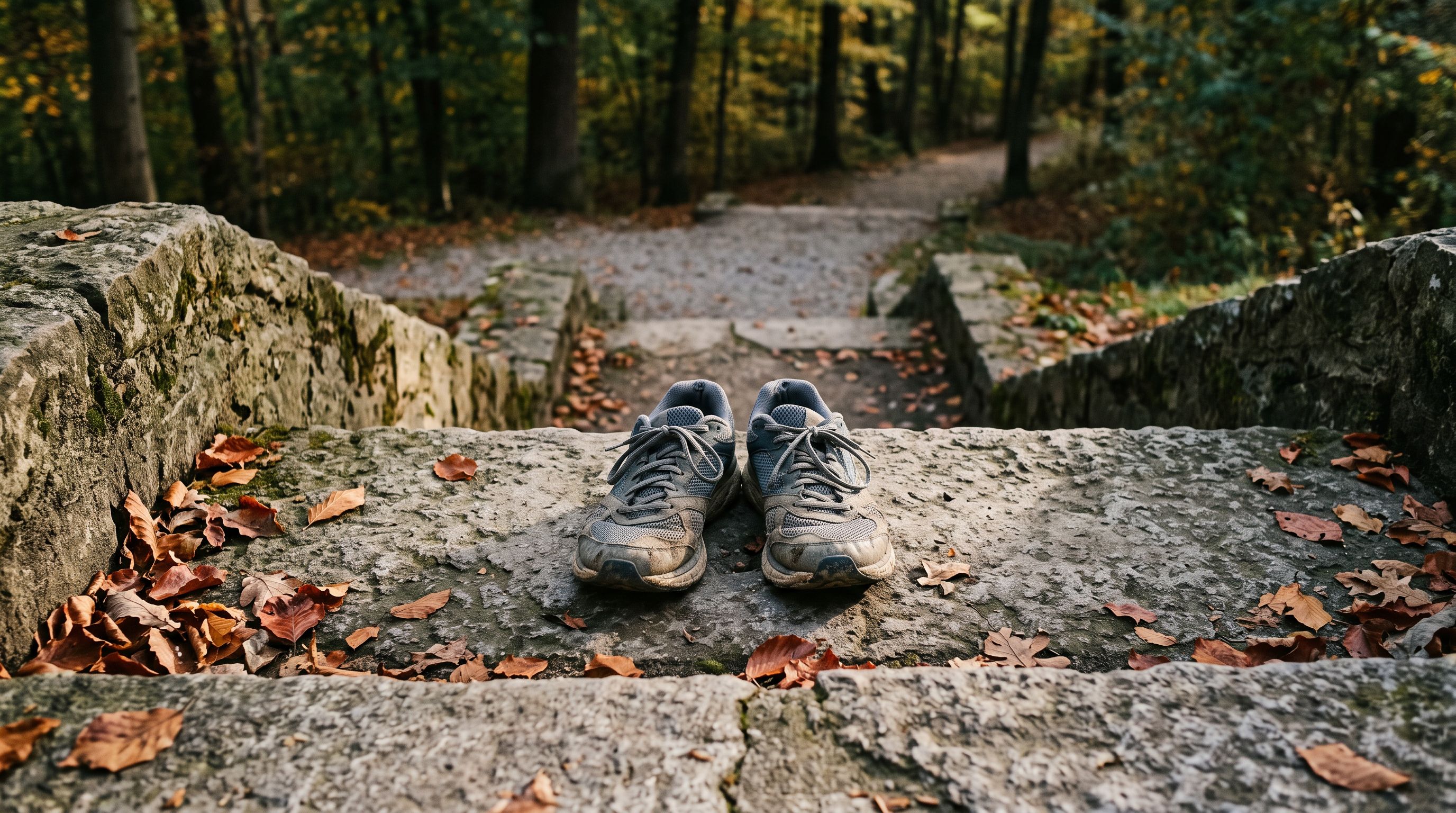 Abgetragene Laufschuhe auf steinernen Treppenstufen im Park, Herbstlaub und Kiesweg im weichen Morgenlicht