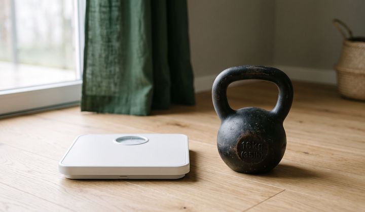 Schlichte Personenwaage neben einer Kettlebell auf hellem Holzboden im weichen Morgenlicht