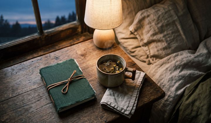 Geschlossenes Notizbuch und Kräutertee auf einem Nachttisch im warmen Lampenlicht, dahinter zerwühlte Bettwäsche in der Abenddämmerung