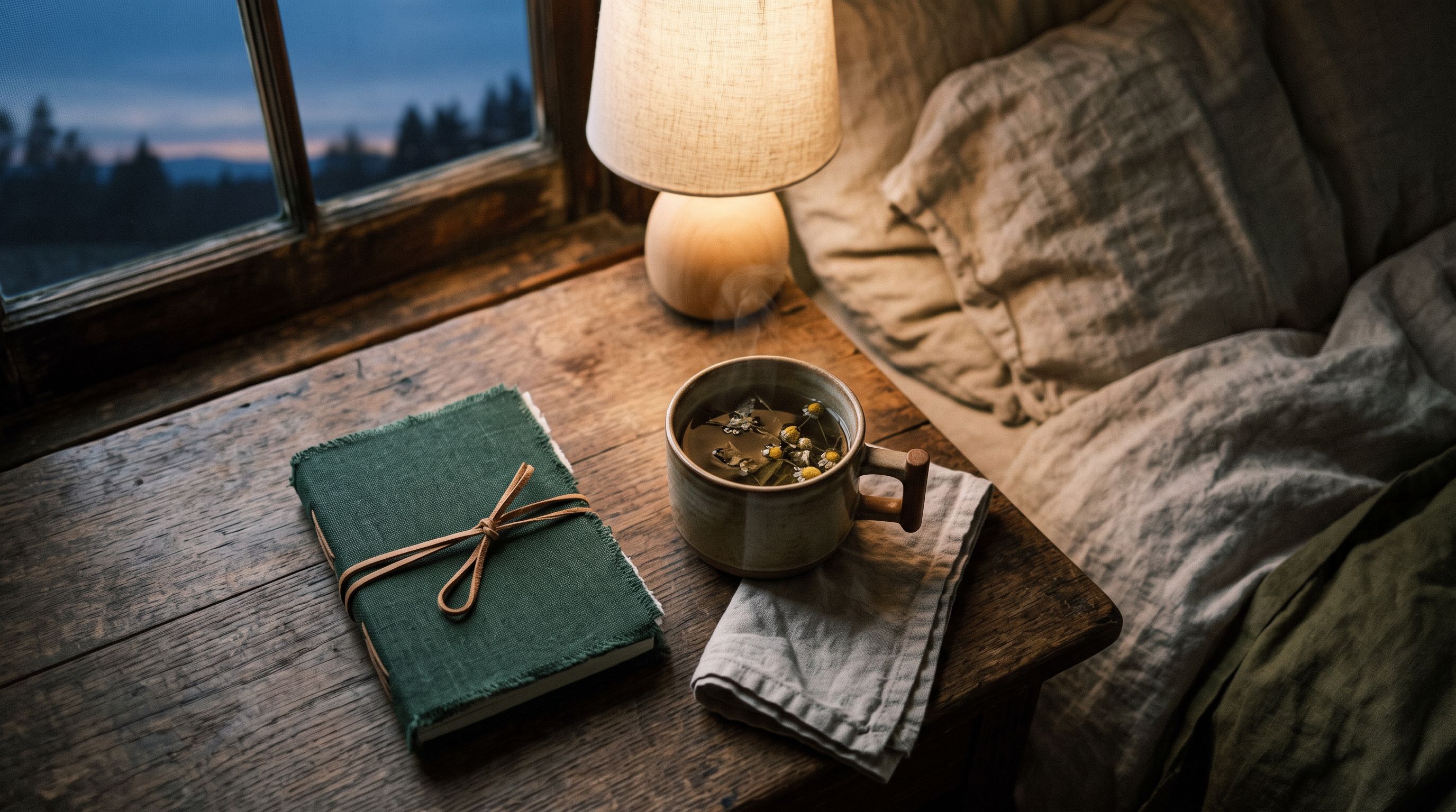 Geschlossenes Notizbuch und Kräutertee auf einem Nachttisch im warmen Lampenlicht, dahinter zerwühlte Bettwäsche in der Abenddämmerung