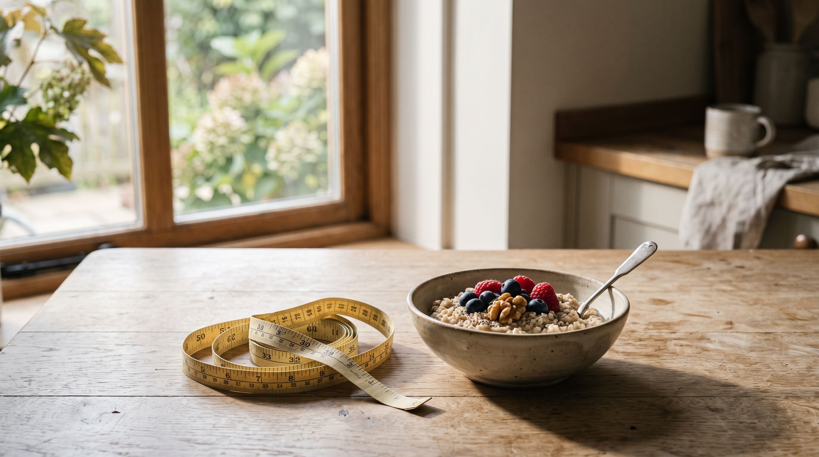 Aufgerolltes Maßband neben einer Schale Haferflocken mit Beeren und Walnüssen auf einem Holztisch im Morgenlicht