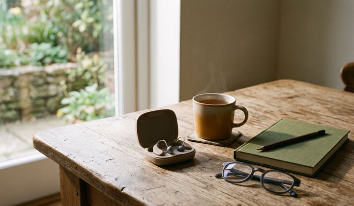 Offenes Etui mit zwei Hörgeräten auf einem Holztisch, daneben Teetasse, Lesebrille und Notizheft im Morgenlicht