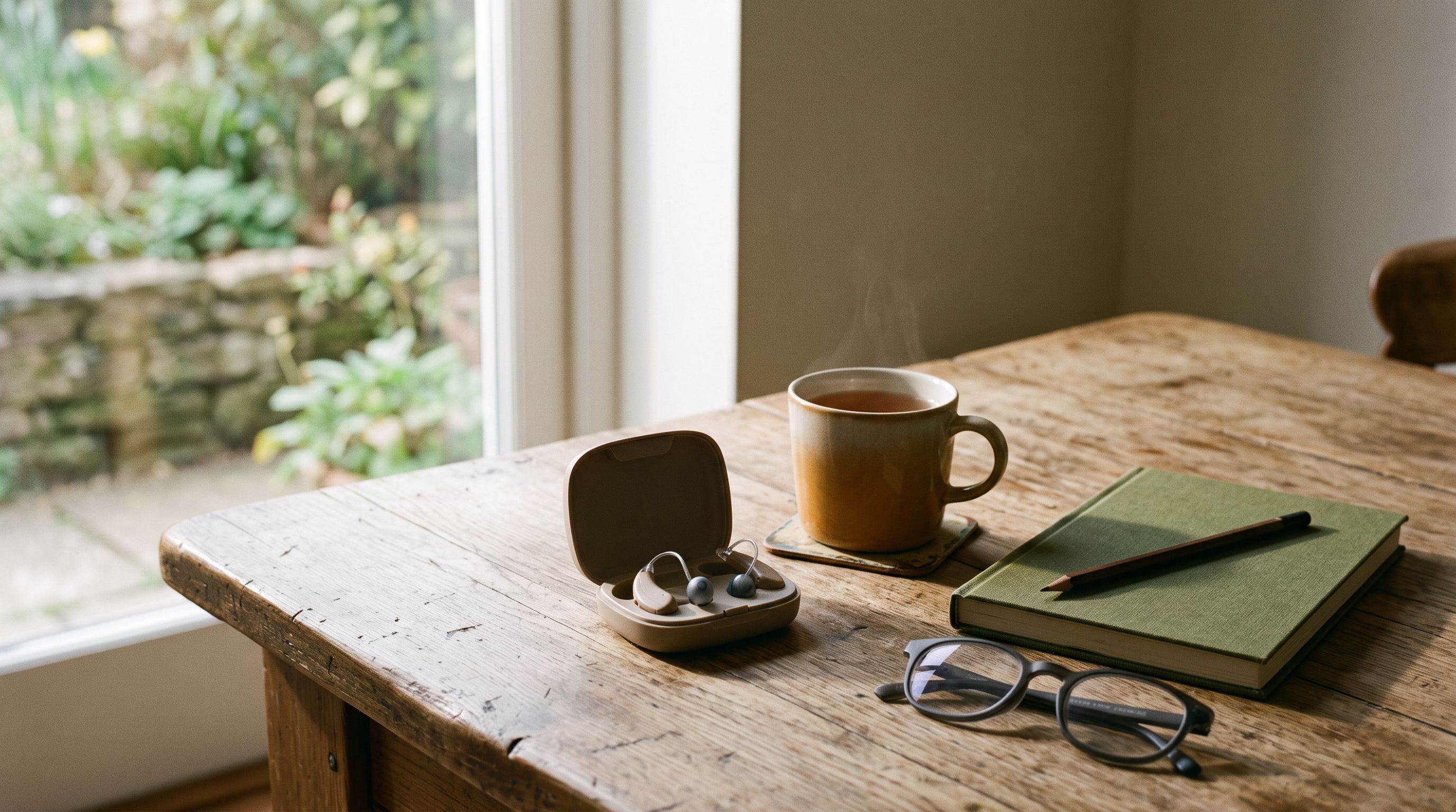 Offenes Etui mit zwei Hörgeräten auf einem Holztisch, daneben Teetasse, Lesebrille und Notizheft im Morgenlicht
