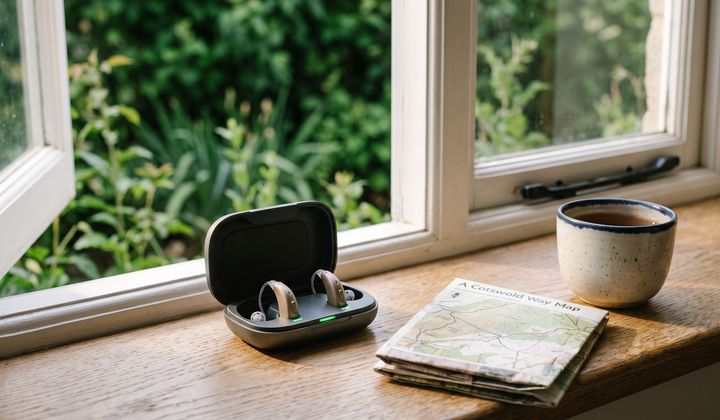 Zwei Hörgeräte in offener Ladeschale auf einem Fensterbrett aus Holz, daneben Tasse und Wanderkarte, Morgenlicht, Garten draußen