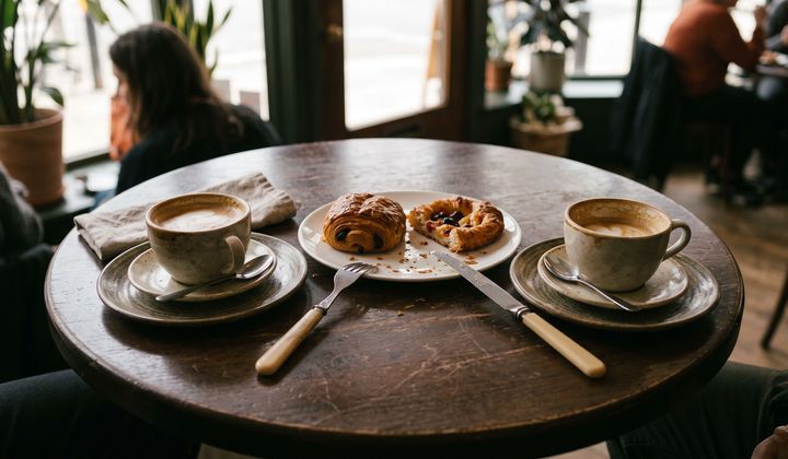 Zwei halb leere Kaffeetassen auf einem Cafétisch, dahinter unscharf weitere Tische im warmen Nachmittagslicht
