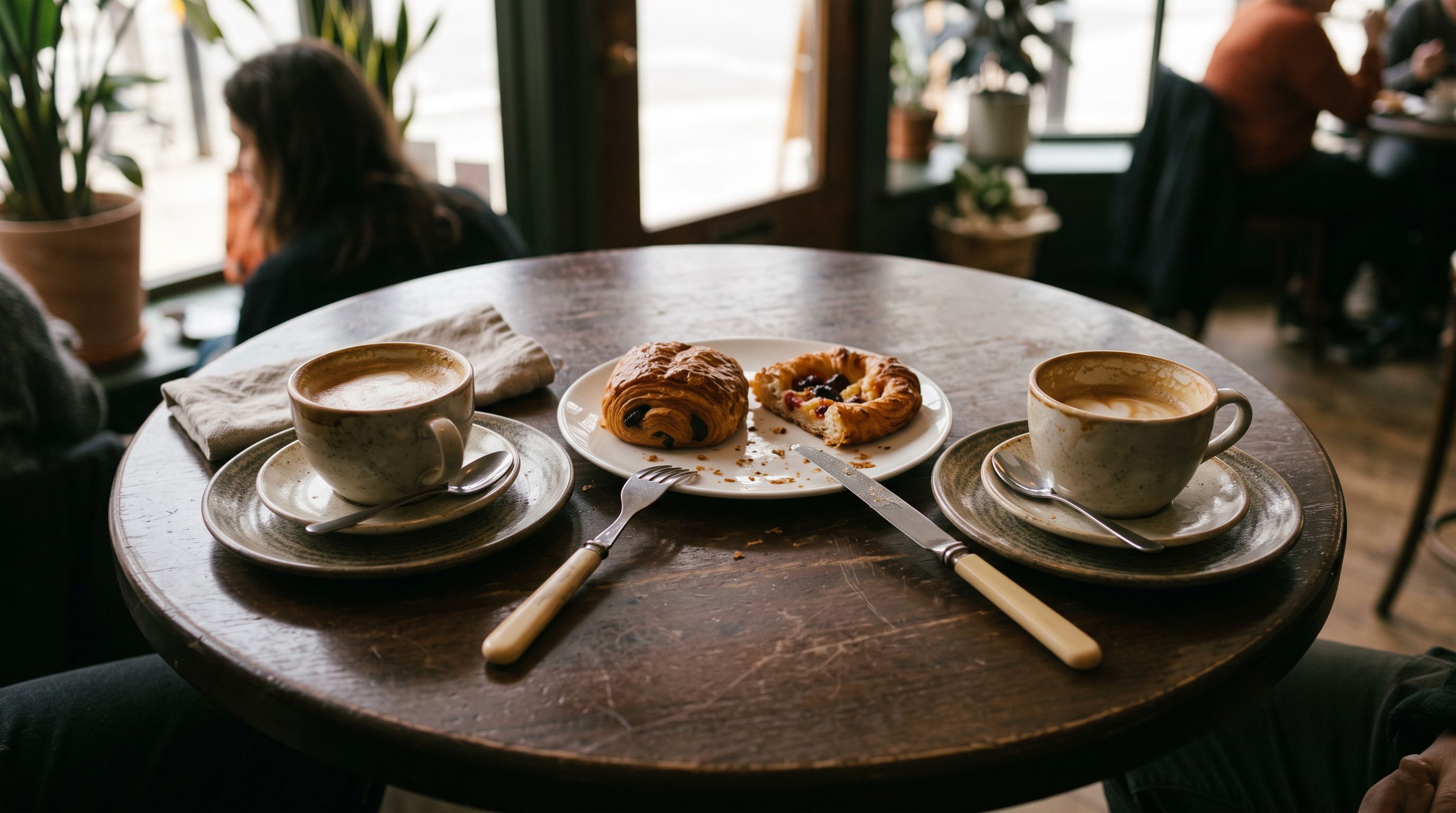 Zwei halb leere Kaffeetassen auf einem Cafétisch, dahinter unscharf weitere Tische im warmen Nachmittagslicht