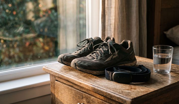 Getragene Laufschuhe, Brustgurt und ein Glas Wasser auf einem Holznachttisch im weichen Morgenlicht