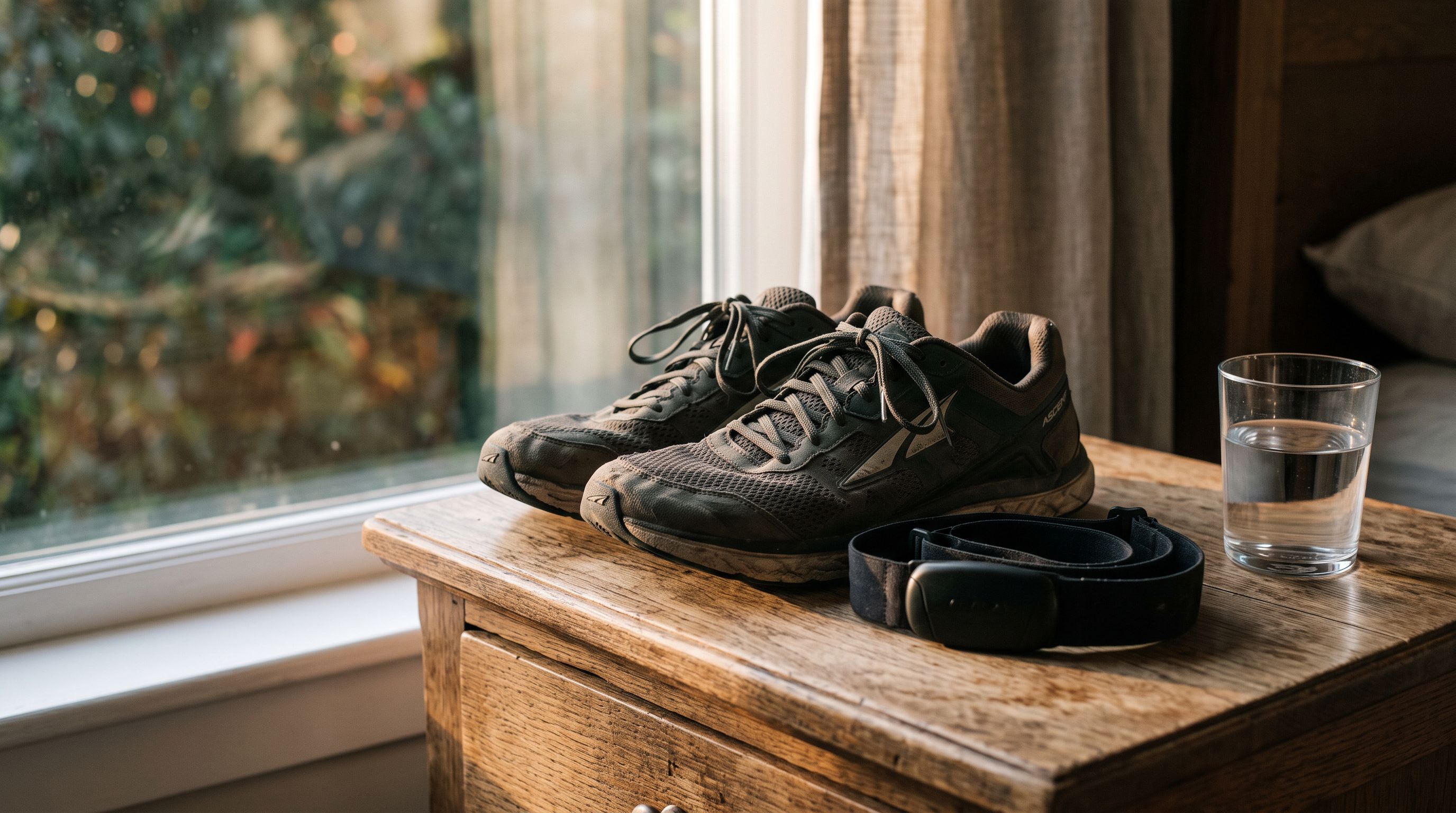 Getragene Laufschuhe, Brustgurt und ein Glas Wasser auf einem Holznachttisch im weichen Morgenlicht