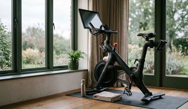 Heimtrainer-Fahrrad am Fenster im Morgenlicht, daneben Handtuch und Trinkflasche auf dem Holzboden