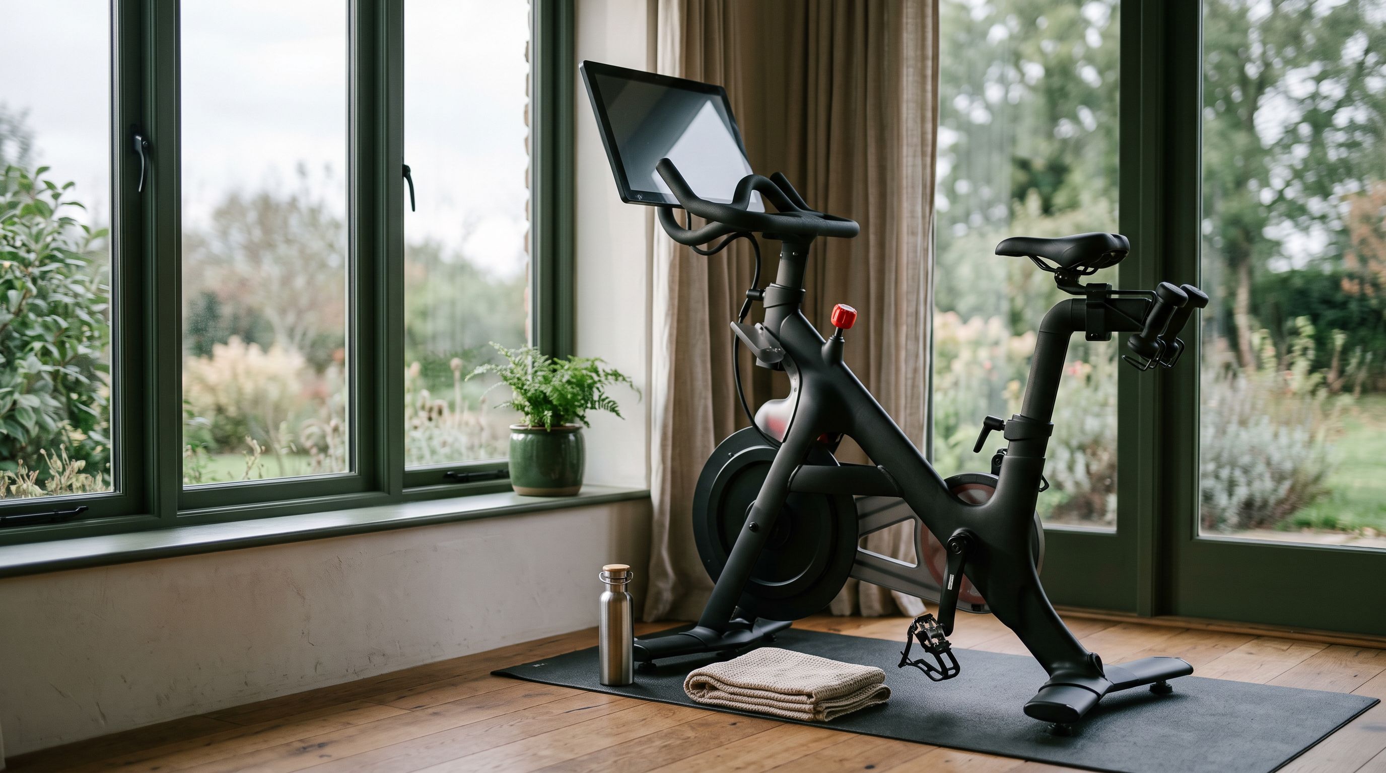 Heimtrainer-Fahrrad am Fenster im Morgenlicht, daneben Handtuch und Trinkflasche auf dem Holzboden