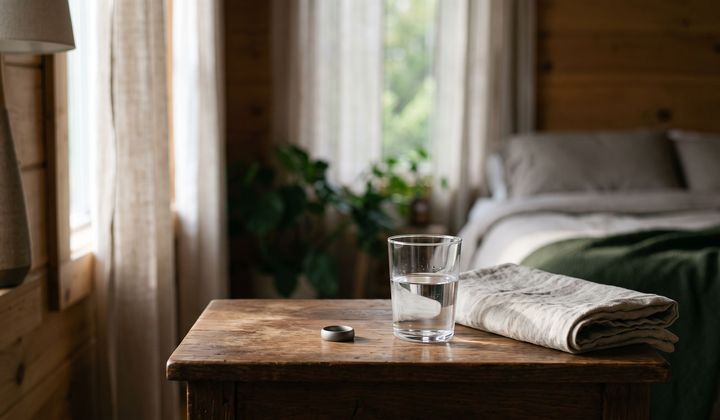 Fitness-Ring auf einem Nachttisch aus Holz neben einem Wasserglas, im weichen Morgenlicht