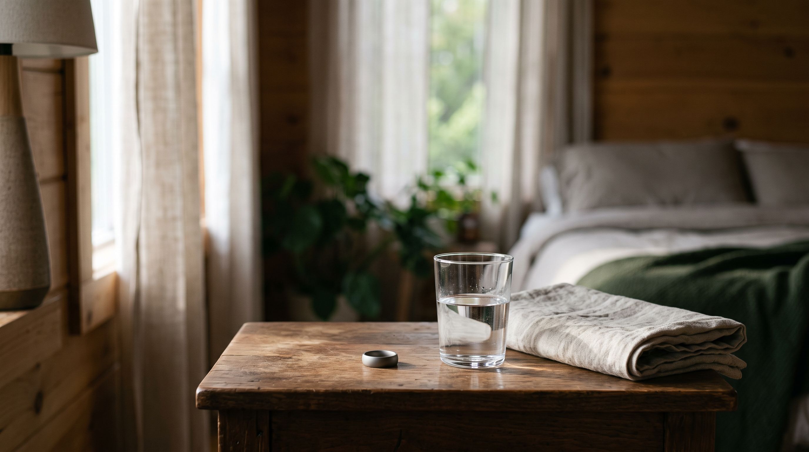 Fitness-Ring auf einem Nachttisch aus Holz neben einem Wasserglas, im weichen Morgenlicht