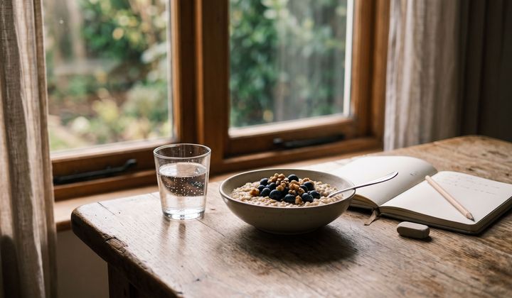 Haferbrei mit Walnüssen und Heidelbeeren, Wasserglas und aufgeschlagenes Notizbuch auf einem Holztisch im Morgenlicht