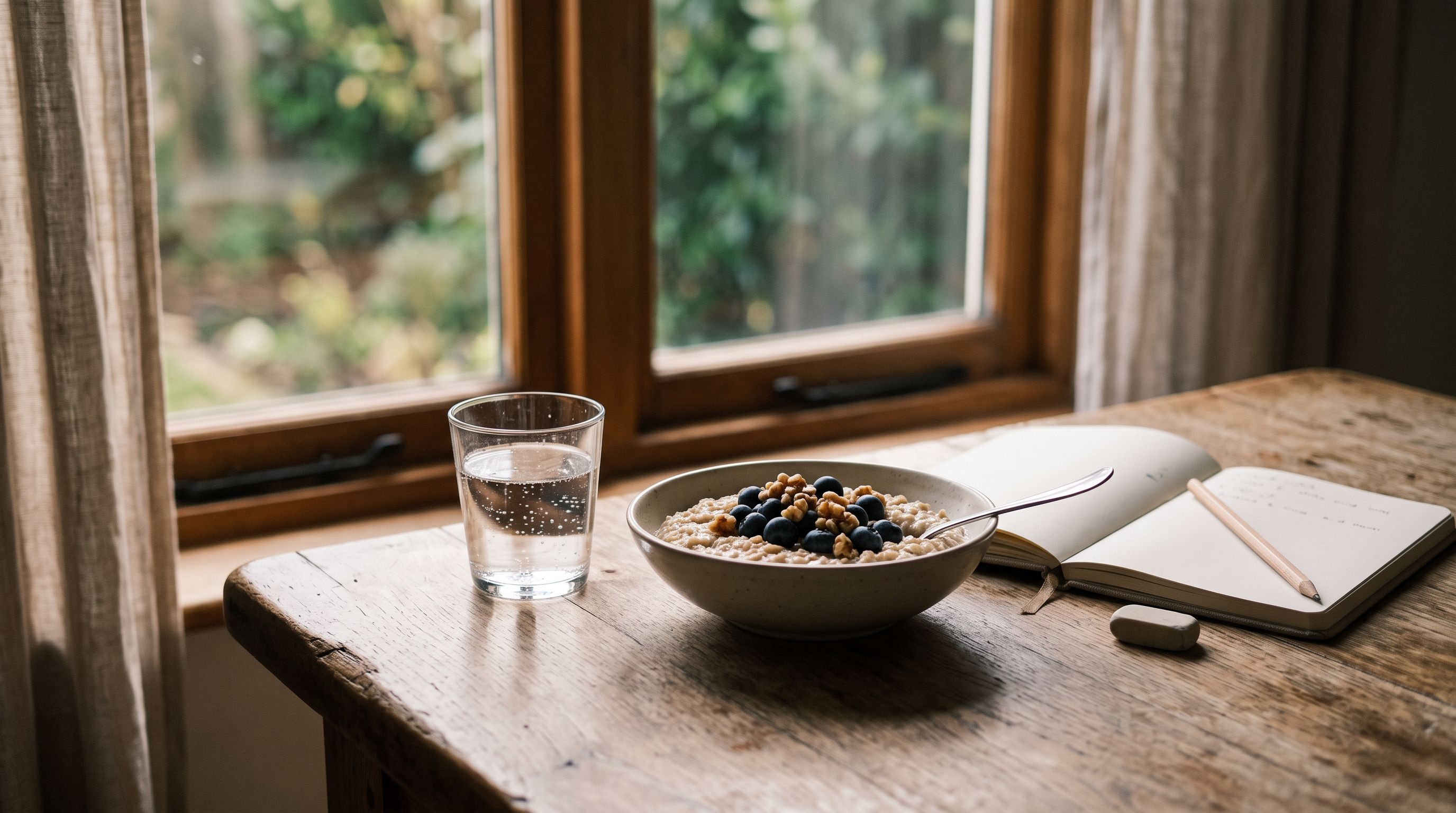 Haferbrei mit Walnüssen und Heidelbeeren, Wasserglas und aufgeschlagenes Notizbuch auf einem Holztisch im Morgenlicht