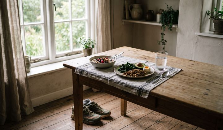 Küchentisch im Morgenlicht mit Haferschale, Beeren, Blattgemüse und Linsen, daneben ein Glas Wasser und Laufschuhe am Boden