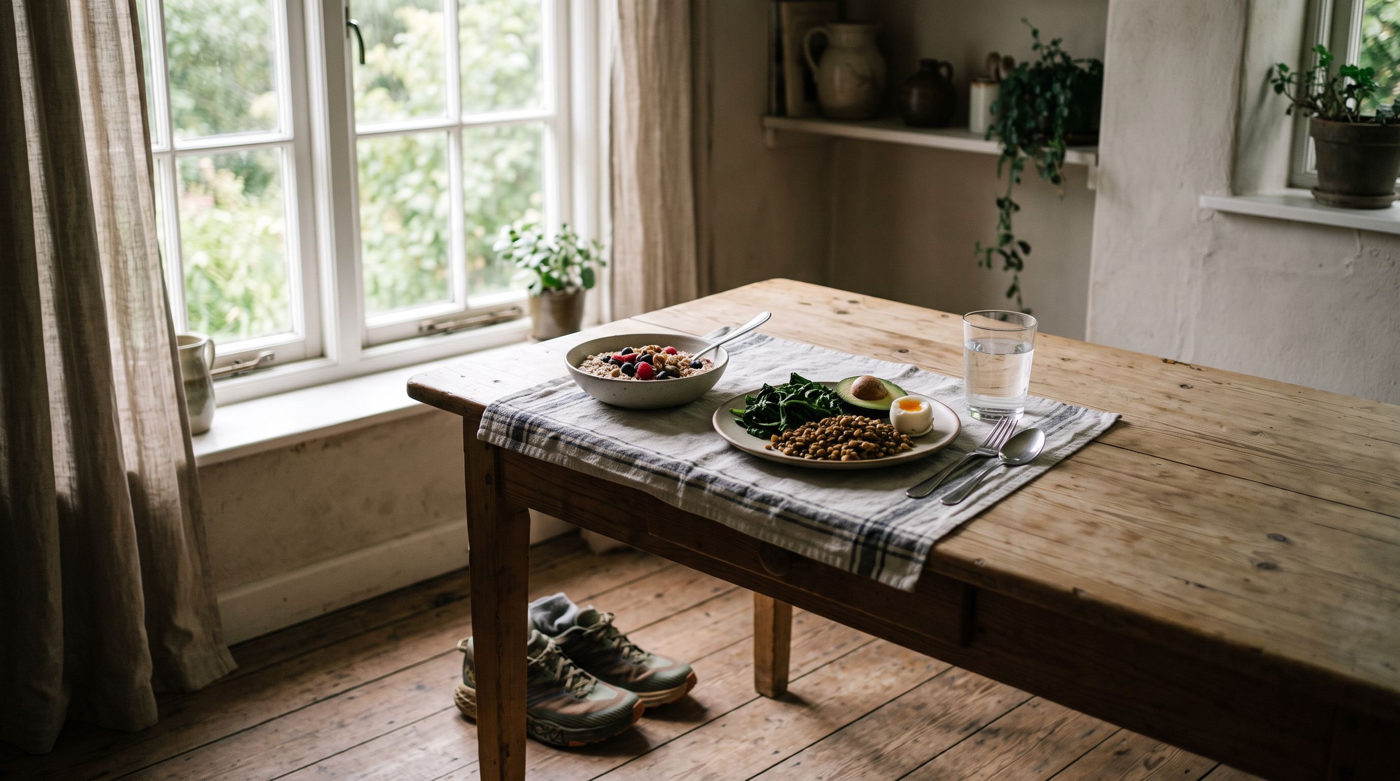 Küchentisch im Morgenlicht mit Haferschale, Beeren, Blattgemüse und Linsen, daneben ein Glas Wasser und Laufschuhe am Boden