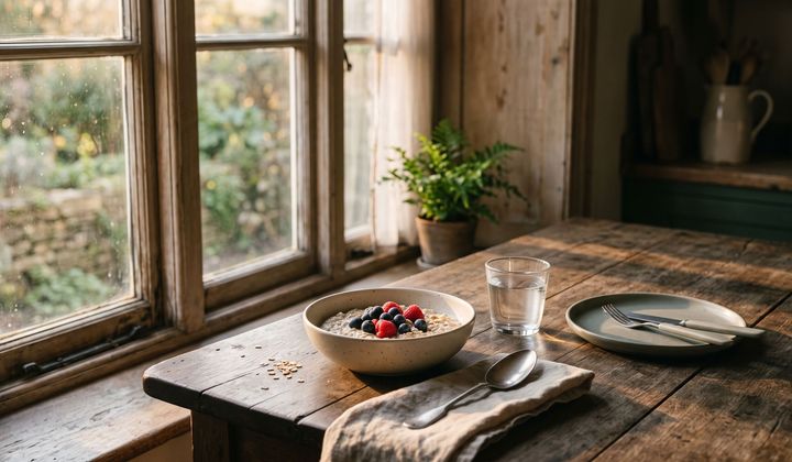 Frühstück mit Haferflocken, Beeren und Wasserglas auf Holztisch am Fenster im Morgenlicht