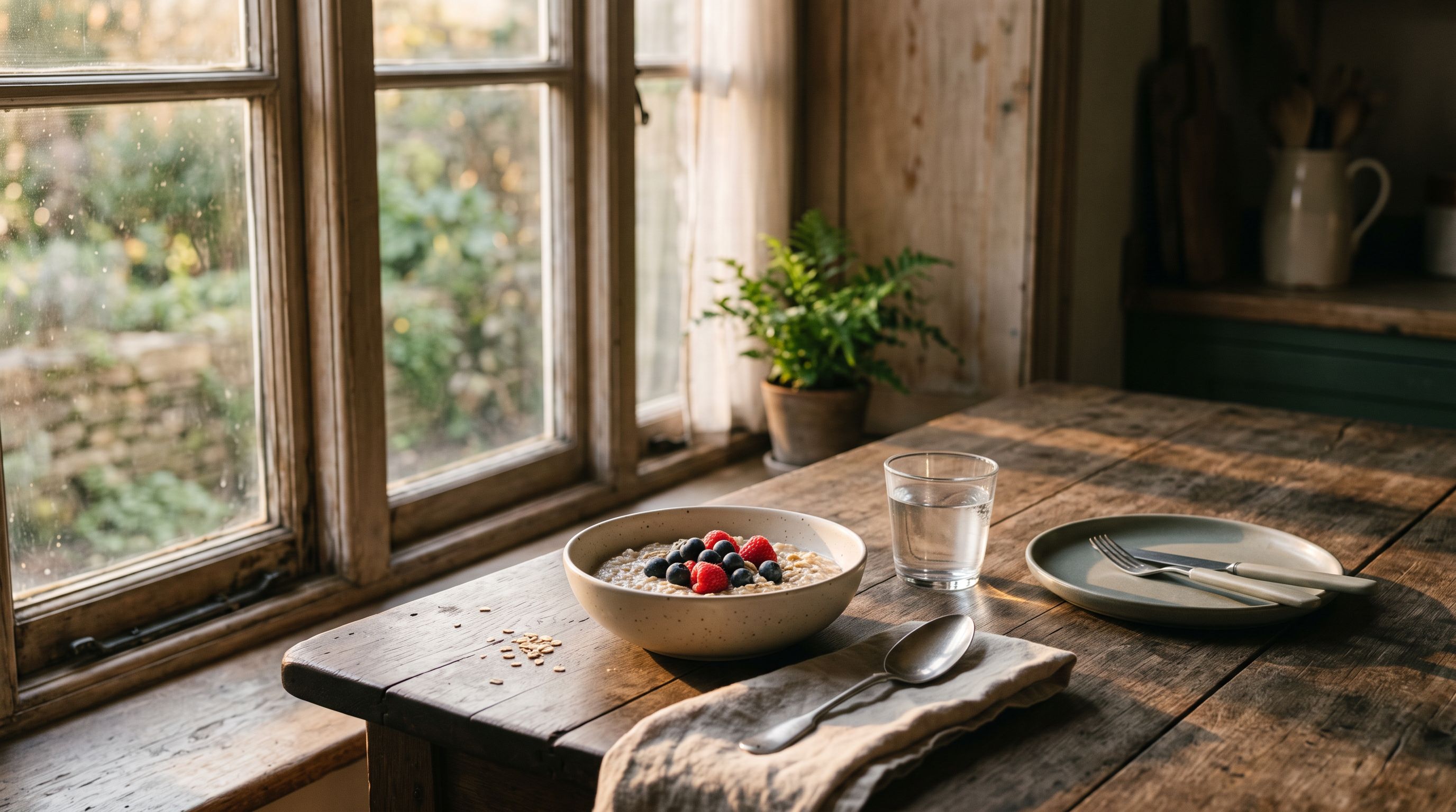 Frühstück mit Haferflocken, Beeren und Wasserglas auf Holztisch am Fenster im Morgenlicht