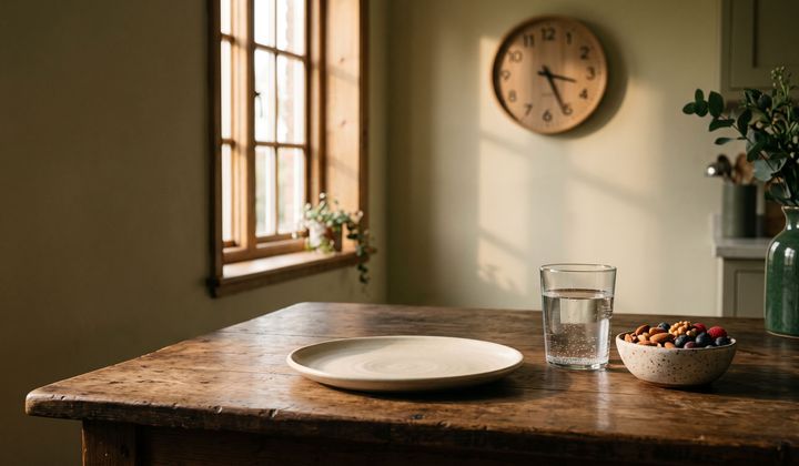 Leerer Teller, Wasserglas und Schale mit Nüssen und Beeren auf einem Küchentisch im Morgenlicht, im Hintergrund eine Uhr