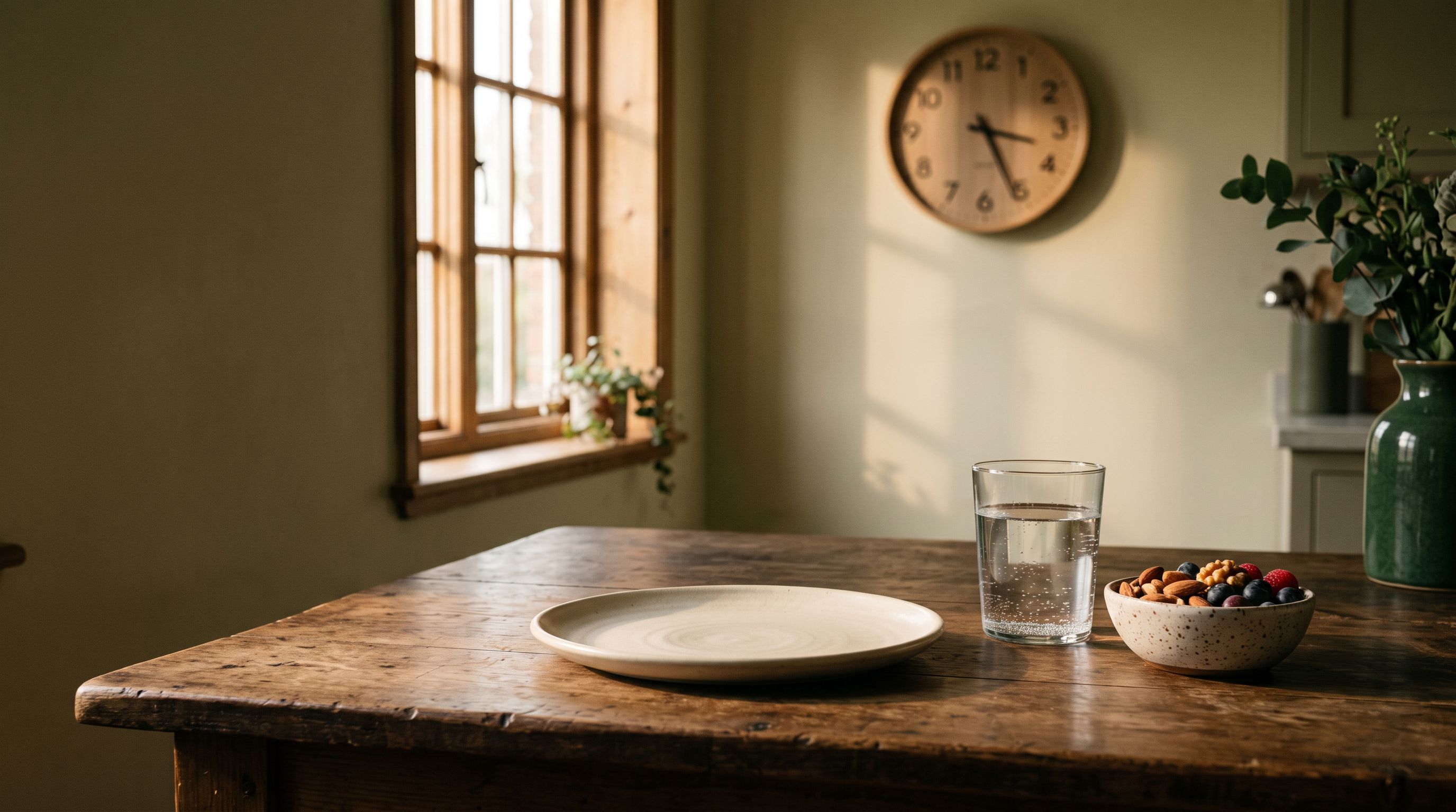 Leerer Teller, Wasserglas und Schale mit Nüssen und Beeren auf einem Küchentisch im Morgenlicht, im Hintergrund eine Uhr