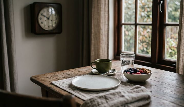 Frühstückstisch im Morgenlicht mit leerem Teller, Beeren, Walnüssen, Wasserglas und Tee, im Hintergrund eine Uhr