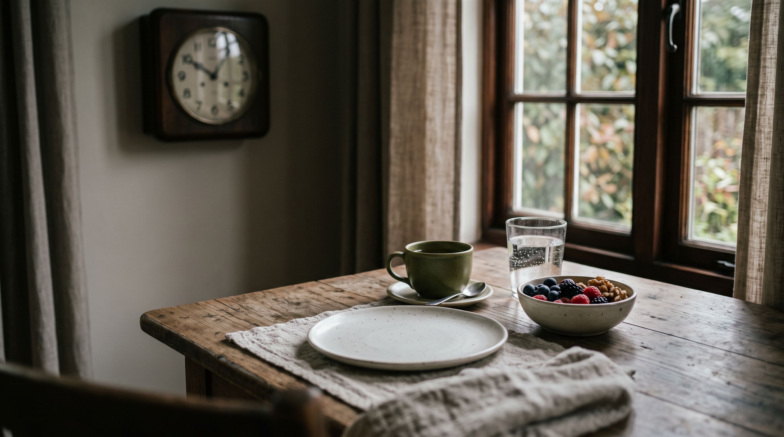 Frühstückstisch im Morgenlicht mit leerem Teller, Beeren, Walnüssen, Wasserglas und Tee, im Hintergrund eine Uhr