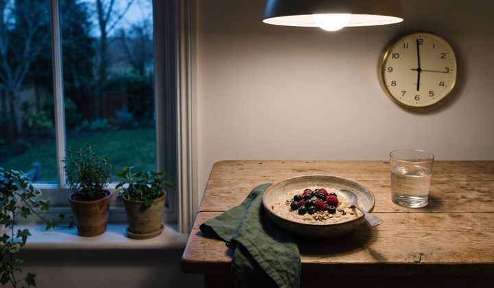 Küchentisch im Morgengrauen mit Haferschale, Wasserglas und Wanduhr, kühles Fensterlicht trifft warmes Lampenlicht