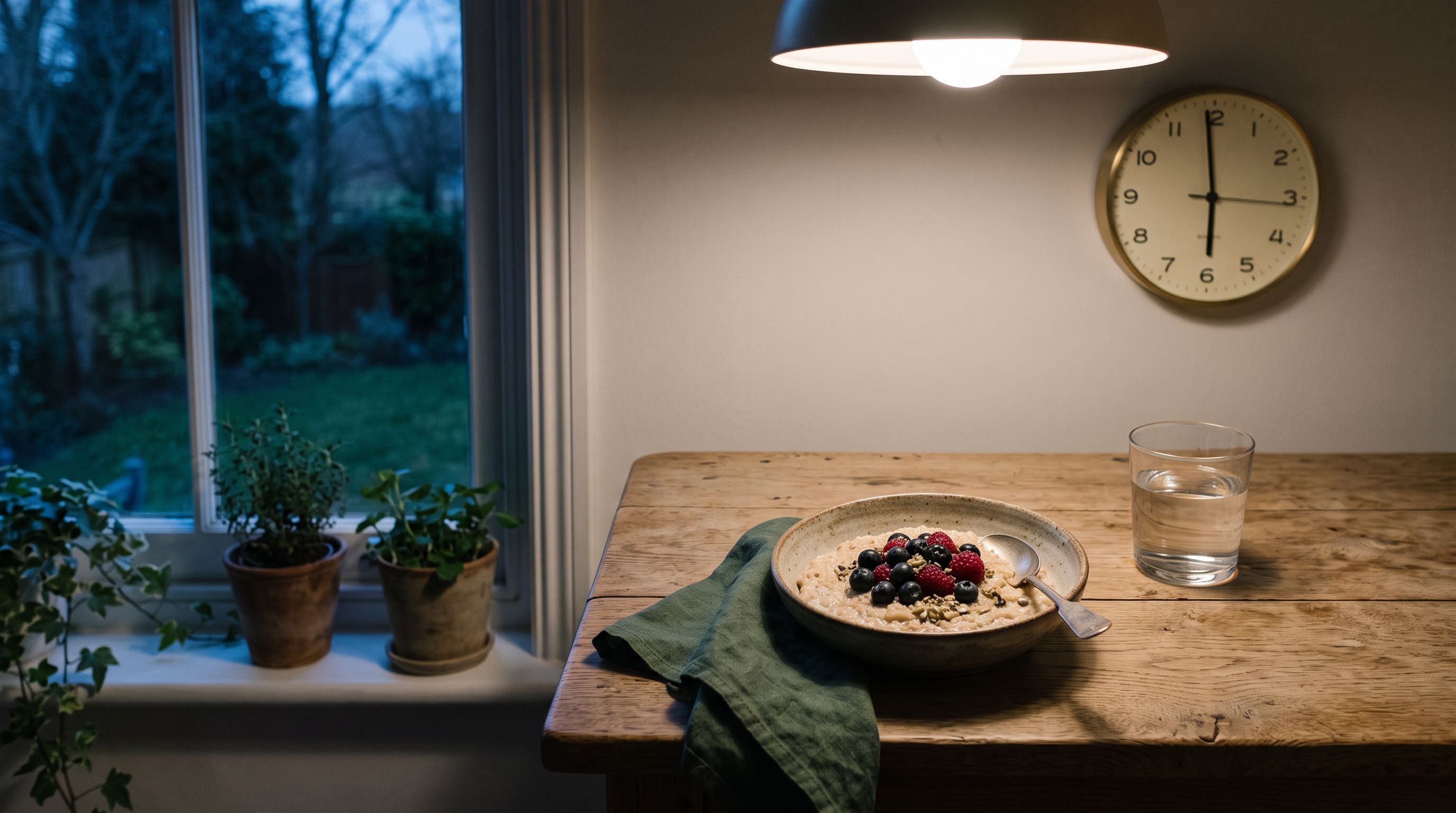 Küchentisch im Morgengrauen mit Haferschale, Wasserglas und Wanduhr, kühles Fensterlicht trifft warmes Lampenlicht