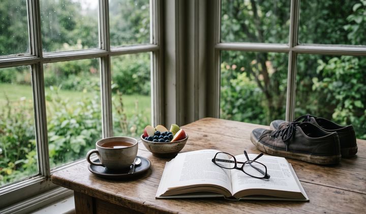 Holztisch im Morgenlicht mit Lesebrille auf offenem Buch, Wanderschuhen, Teetasse und Schale mit Beeren