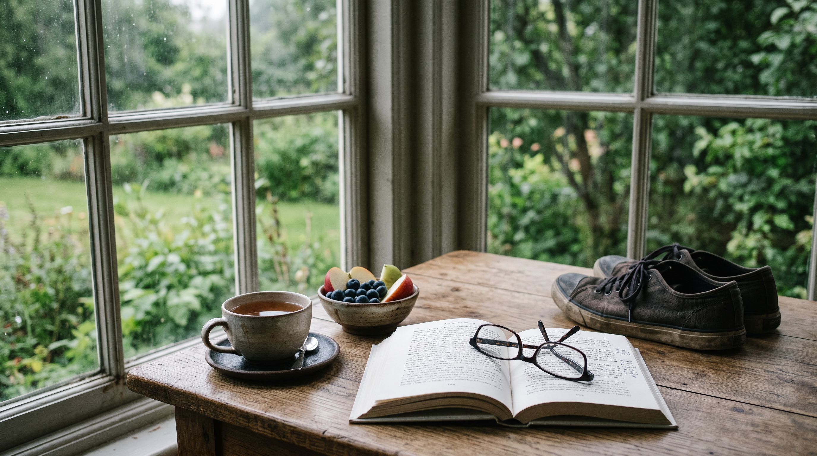 Holztisch im Morgenlicht mit Lesebrille auf offenem Buch, Wanderschuhen, Teetasse und Schale mit Beeren