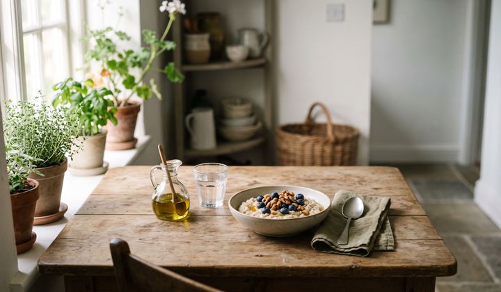 Frühstückstisch im Morgenlicht mit Haferbrei, Walnüssen, Blaubeeren, Olivenöl und einem Glas Wasser