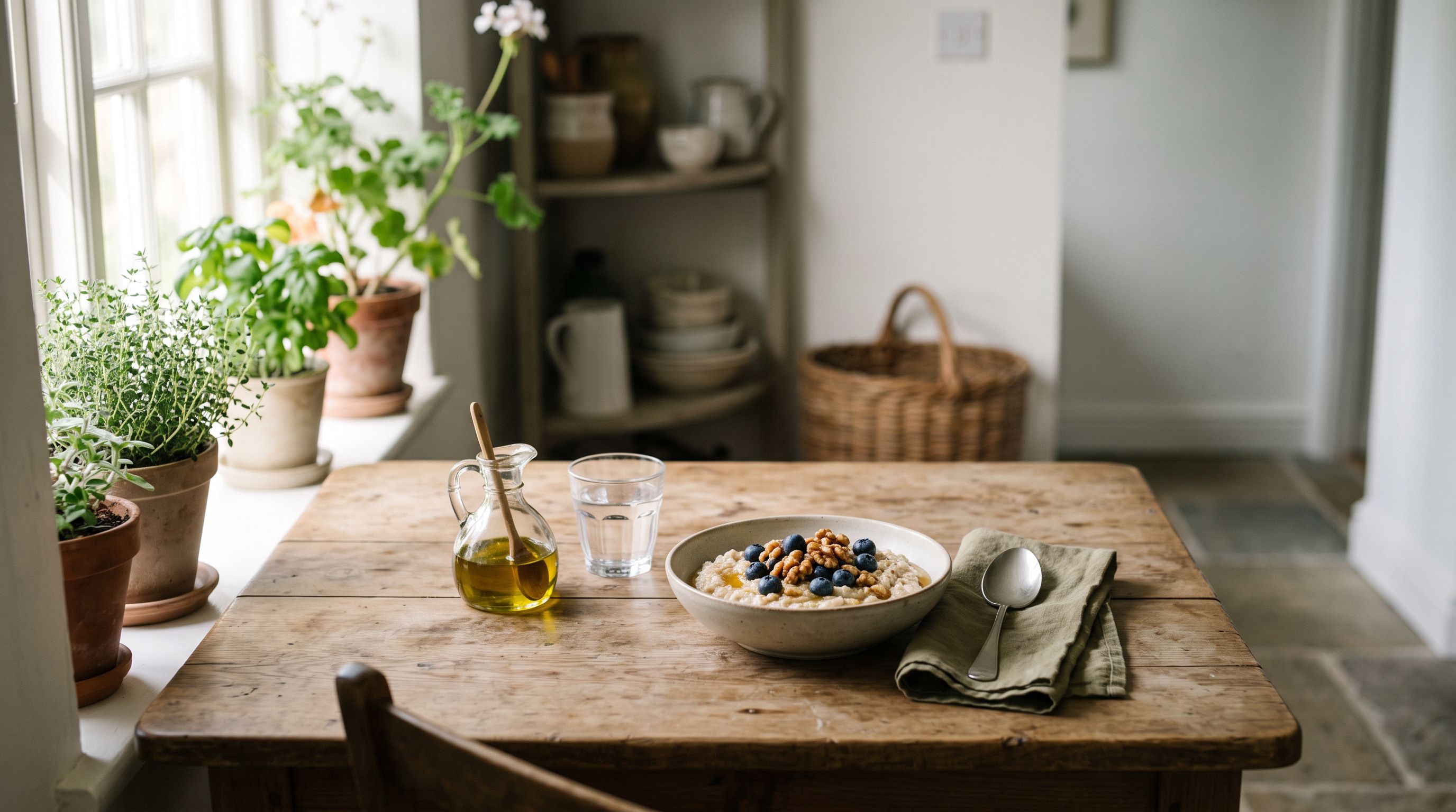 Frühstückstisch im Morgenlicht mit Haferbrei, Walnüssen, Blaubeeren, Olivenöl und einem Glas Wasser