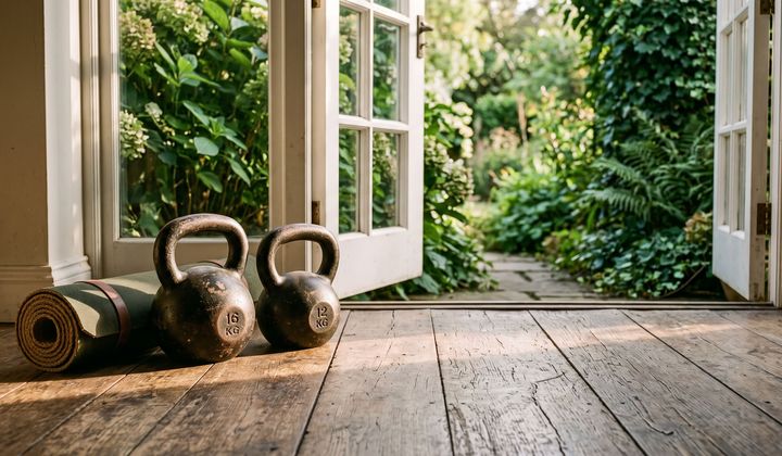 Zwei gusseiserne Kettlebells und eine Trainingsmatte auf Holzboden an einer offenen Gartentür im Morgenlicht