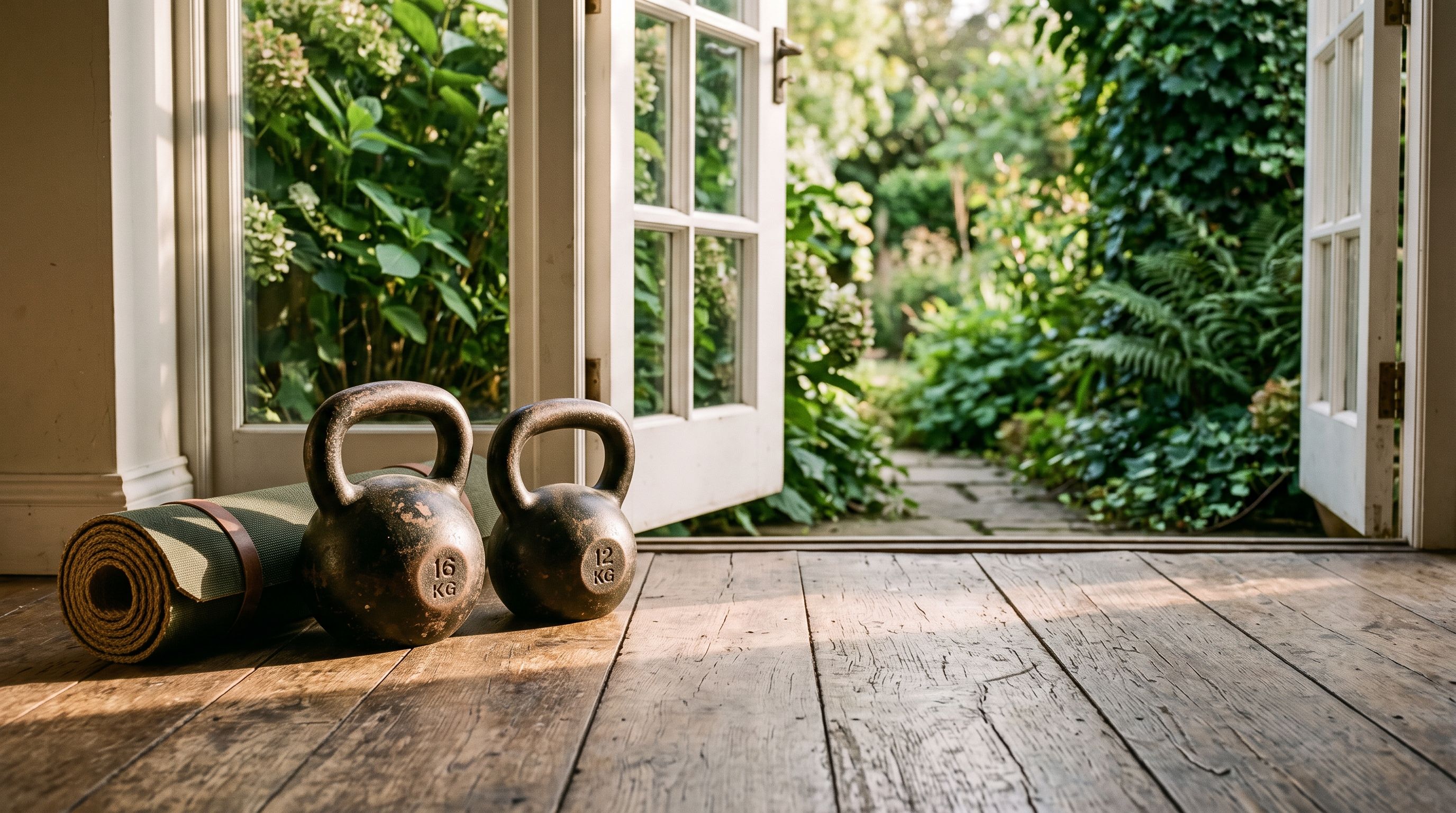 Zwei gusseiserne Kettlebells und eine Trainingsmatte auf Holzboden an einer offenen Gartentür im Morgenlicht