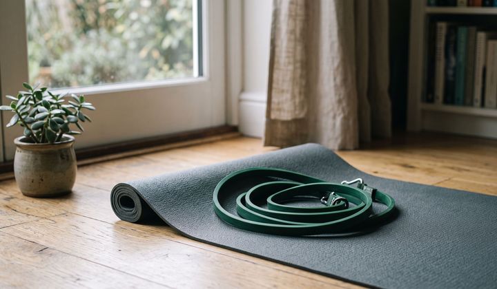 Grünes Gummiband auf einer Trainingsmatte im Wohnzimmer, daneben eine Topfpflanze, weiches Morgenlicht vom Fenster