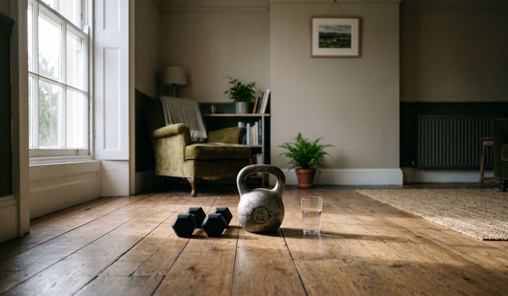 Kettlebell und kleine Hanteln auf einem Holzboden neben einem Glas Wasser, im weichen Morgenlicht am Fenster