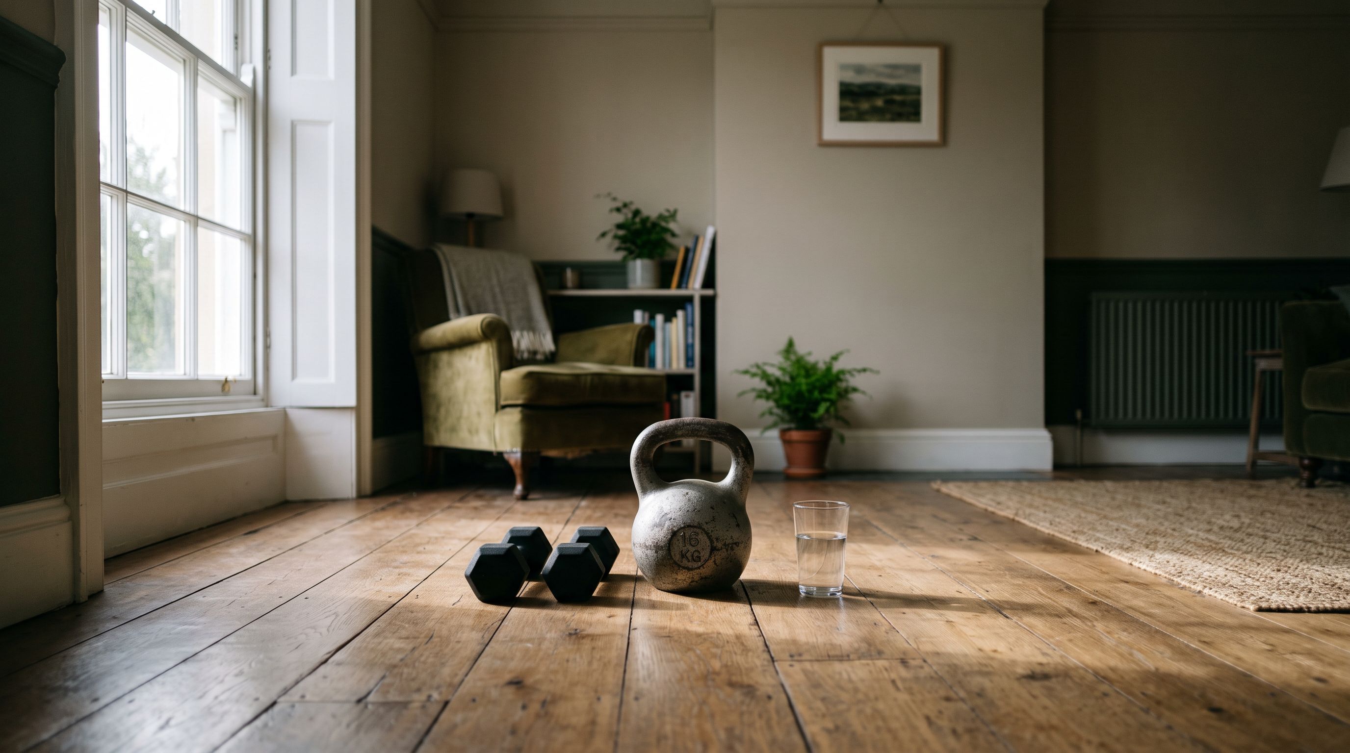 Kettlebell und kleine Hanteln auf einem Holzboden neben einem Glas Wasser, im weichen Morgenlicht am Fenster