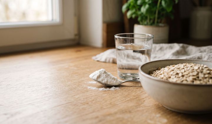 Teelöffel mit weißem Pulver neben einem Glas Wasser und einer Schale Haferflocken auf heller Holzarbeitsplatte im Morgenlicht