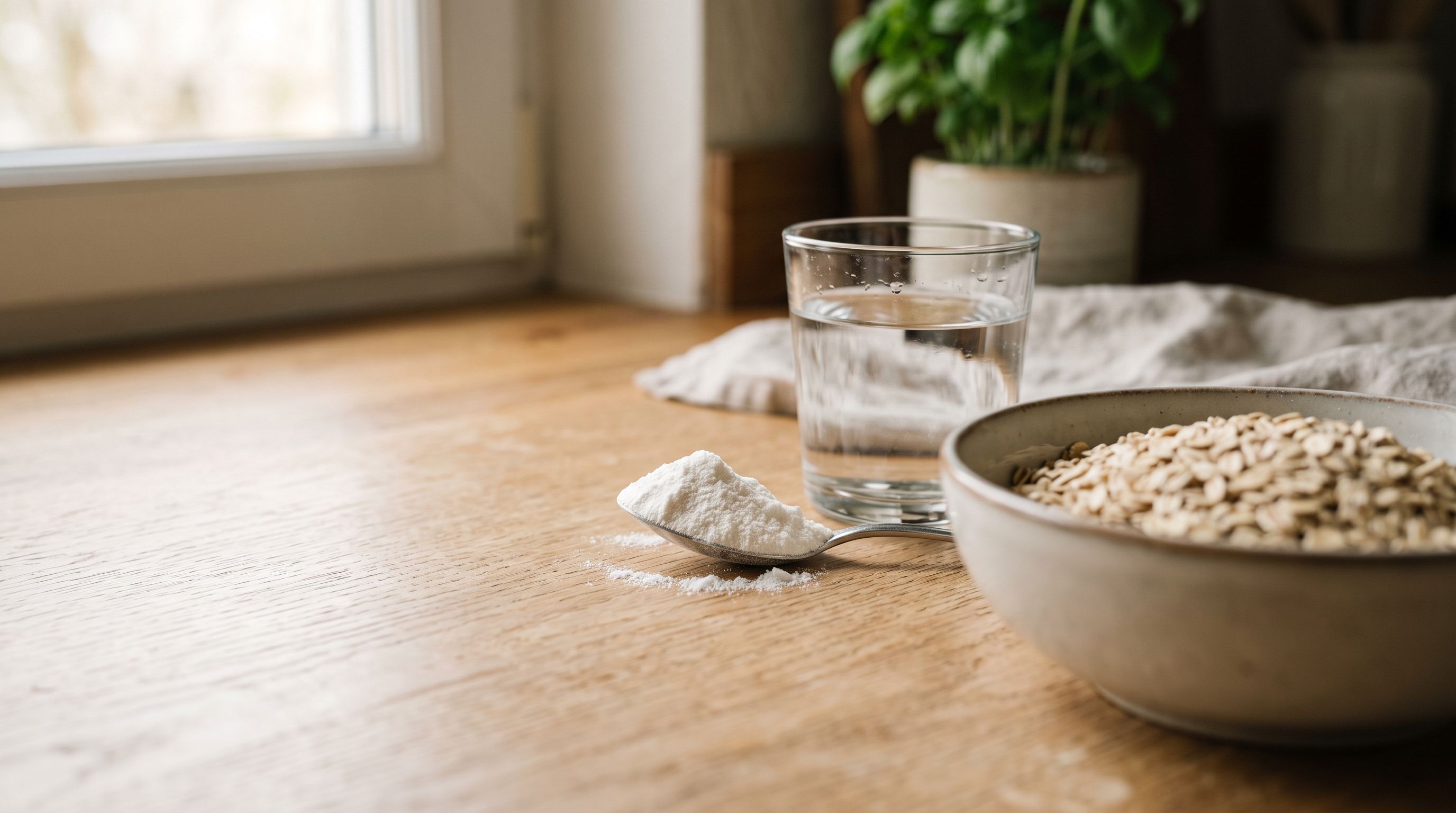 Teelöffel mit weißem Pulver neben einem Glas Wasser und einer Schale Haferflocken auf heller Holzarbeitsplatte im Morgenlicht