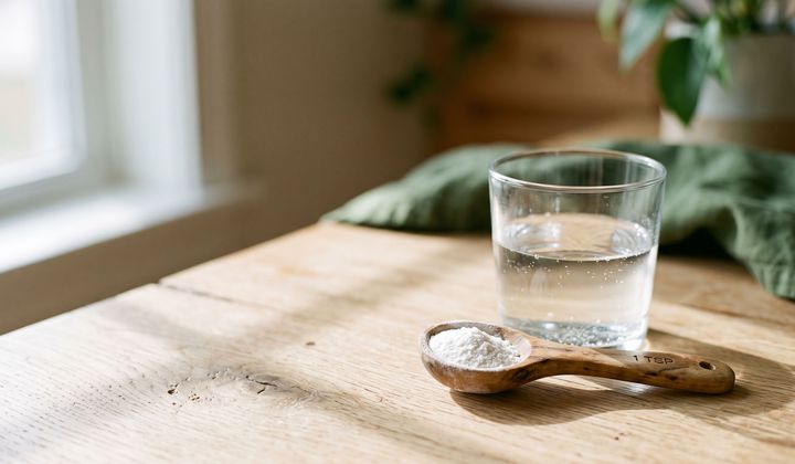 Holzlöffel mit etwas weißem Pulver neben einem Glas Wasser auf einem hellen Küchentisch im Morgenlicht