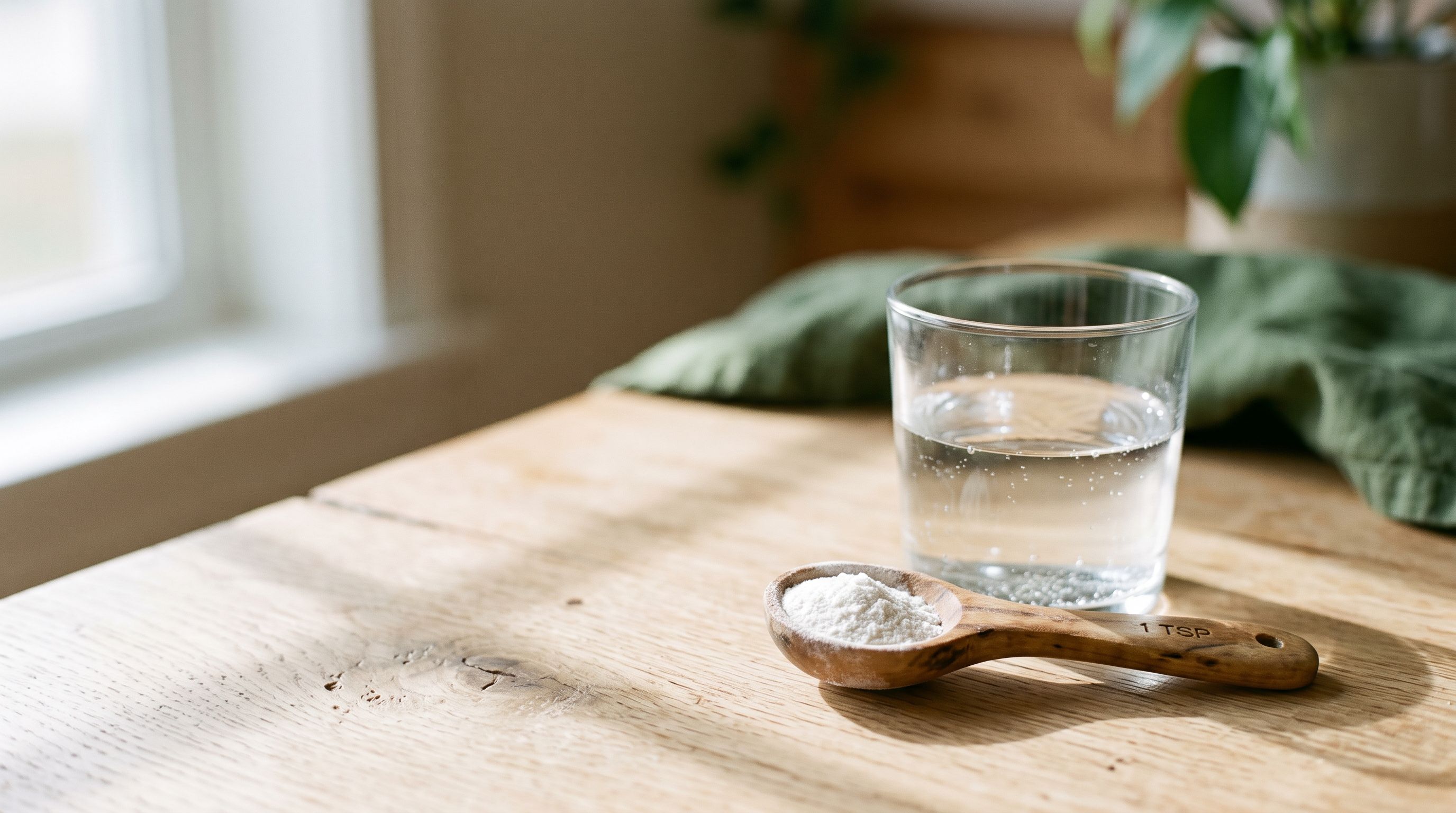 Holzlöffel mit etwas weißem Pulver neben einem Glas Wasser auf einem hellen Küchentisch im Morgenlicht