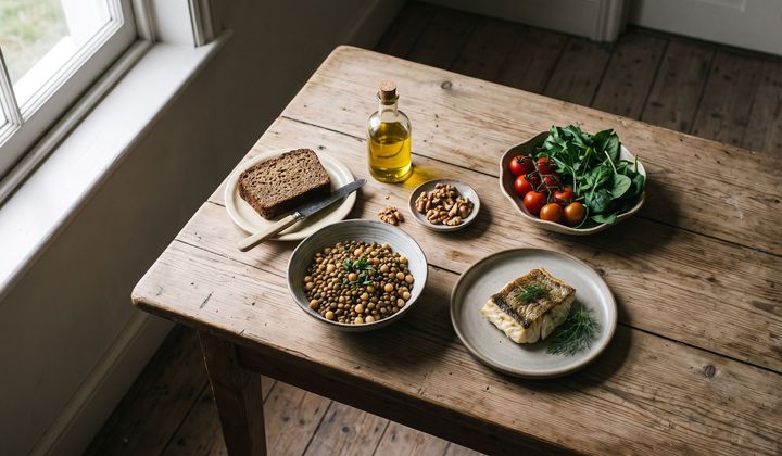 Holztisch mit Linsen, Kichererbsen, Vollkornbrot, Rapsöl, Walnüssen, Fisch und Gemüse im weichen Morgenlicht