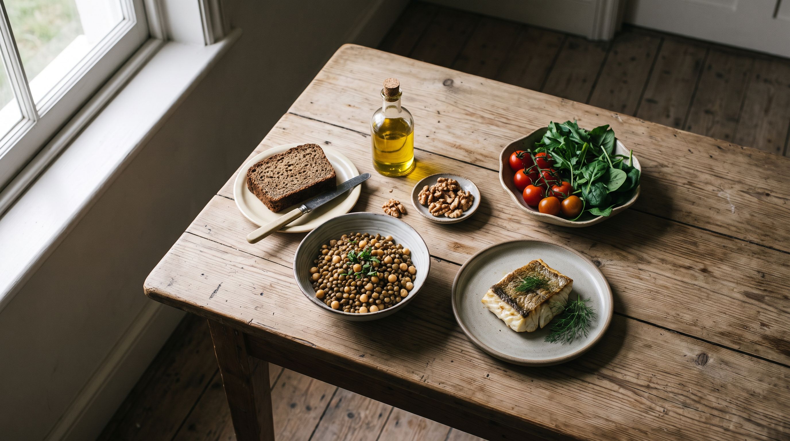 Holztisch mit Linsen, Kichererbsen, Vollkornbrot, Rapsöl, Walnüssen, Fisch und Gemüse im weichen Morgenlicht