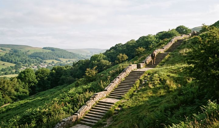 Steinerne Treppe mit mehreren Absätzen führt einen grünen Hang hinauf, im flachen Morgenlicht